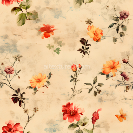 Seamless 3D PBR Vintage Floral Fabric Texture with Soft Beige and Red Flowers