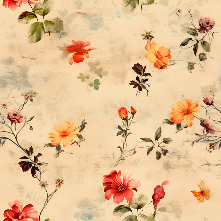 Vintage Floral Fabric with Soft Beige and Red Flowers seamless PBR texture preview