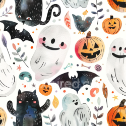 seamless Seamless 3D PBR Watercolor Halloween Texture with Cute Ghosts, Bats, and Pumpkins texture 8k free download PBR