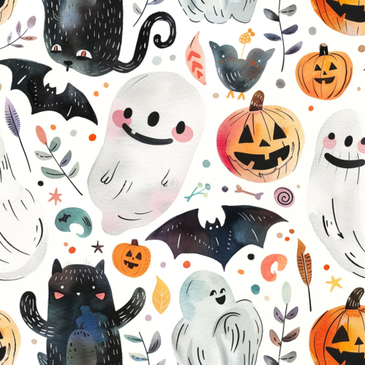 Seamless 3D PBR Watercolor Halloween Texture with Cute Ghosts, Bats, and Pumpkins