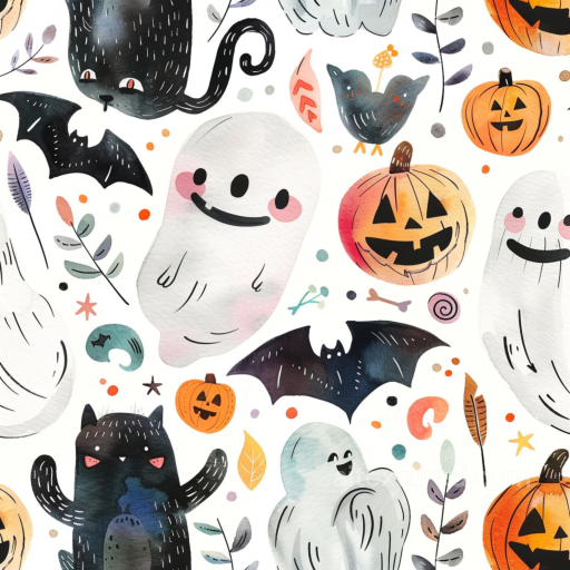 Watercolor Halloween Texture with Cute Ghosts, Bats, and Pumpkins seamless Watercolor Halloween PBR texture