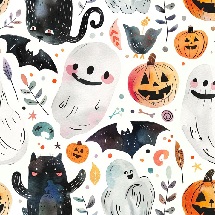 Watercolor Halloween with Cute Ghosts, Bats, and Pumpkins seamless PBR texture preview