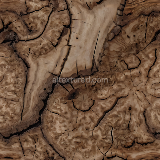 Seamless 3D Weathered Tree Burl Wood PBR Texture with Detailed Cracks and Knots