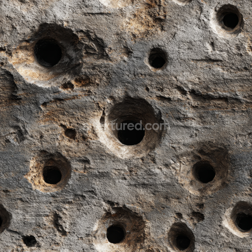 Seamless 3D PBR Texture of Weathered Pitted Stone Surface with Natural Erosion