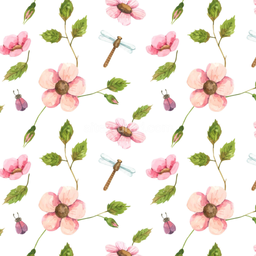 Seamless 3D PBR Texture of Watercolor Cherry Floral Pattern with Leaves and Insects
