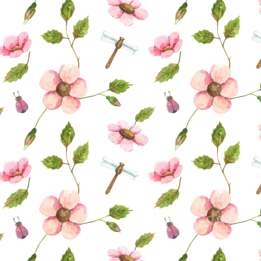 Watercolor Cherry Floral Pattern Seamless Texture with Leaves and Insects seamless Watercolor Cherry PBR texture
