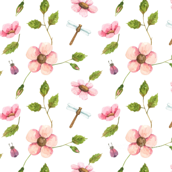 Watercolor Cherry Floral Pattern Seamless Texture with Leaves and Insects Watercolor Cherry texture preview