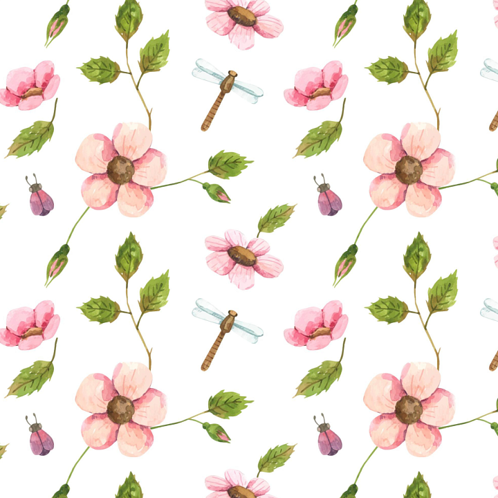 Watercolor Cherry Floral Pattern with Leaves and Insects seamless PBR texture preview