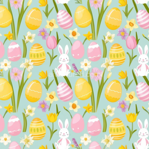 Seamless 3D PBR Texture of Colorful Easter Eggs with Spring Flowers and Bunny
