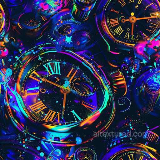 Seamless 3D PBR Graffiti Texture Featuring Vivid Neon Clock Faces and Paint Splatter texture preview