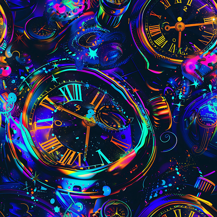 Graffiti Featuring Vivid Neon Clock Faces and Paint Splatter seamless PBR texture preview