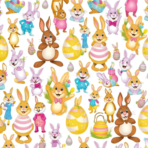 Seamless 3D PBR Texture Featuring Colorful Easter Bunnies and Decorative Eggs