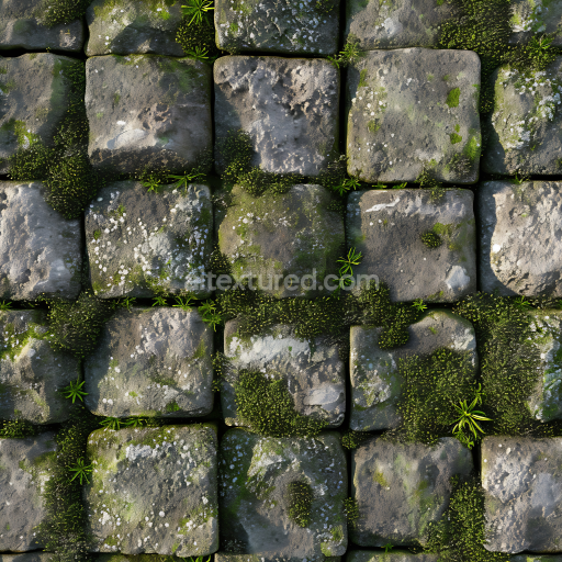 Seamless 3D Mossy Cobblestone Ground PBR Texture with Weathered Stones and Green Growth