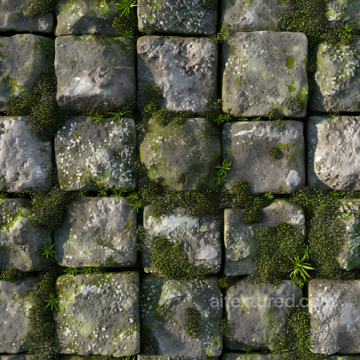 Mossy Cobblestone Ground PBR Texture with Weathered Stones and Green Growth seamless Stone PBR texture