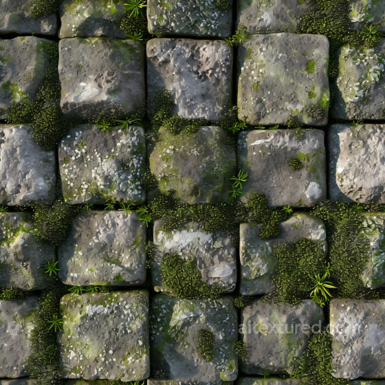 Mossy Cobblestone Ground PBR Texture with Weathered Stones and Green Growth Stone texture preview