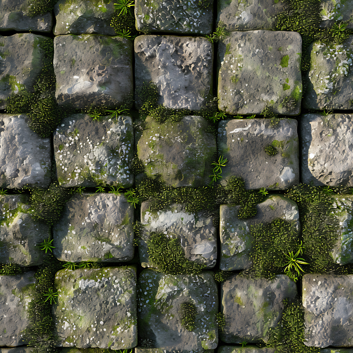 Mossy Cobblestone Ground with Weathered Stones and Green Growth seamless PBR texture preview