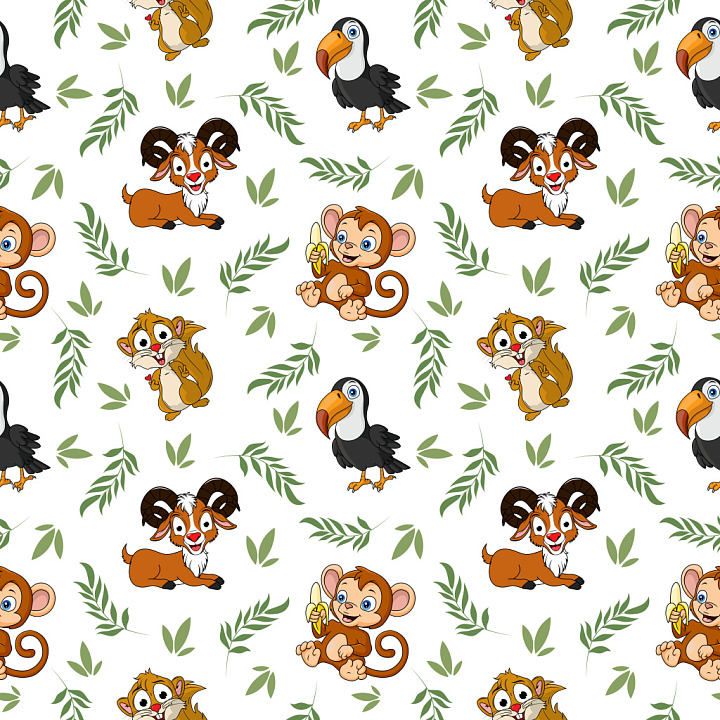 Pattern Featuring Playful Cartoon Animals with Leafy Green Motifs seamless PBR texture preview