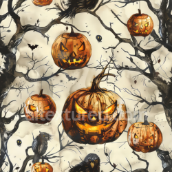seamless Seamless 3D PBR Texture of Vintage Halloween Jack-o'-Lanterns and Bare Trees texture 8k free download PBR