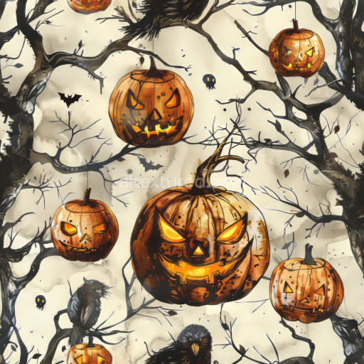 Seamless 3D PBR Texture of Vintage Halloween Jack-o'-Lanterns with Spooky Trees