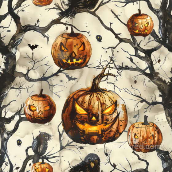 Vintage Halloween Jack-o'-Lanterns and Bare Trees Seamless Texture Vintage Halloween texture preview