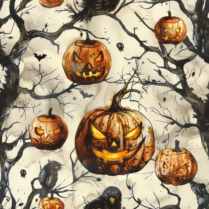 Vintage Halloween Jack-o'-Lanterns and Bare Trees seamless PBR texture preview
