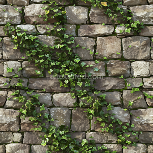 Seamless 3D PBR Mossy Stone Wall Texture with Climbing Ivy and Weathered Stones