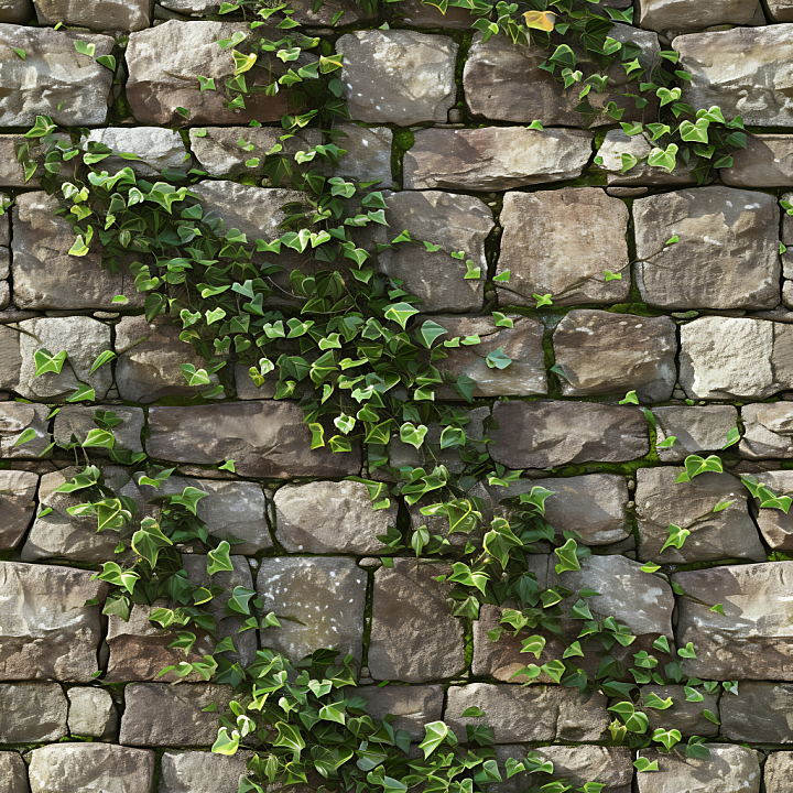 Mossy Stone Wall with Climbing Ivy and Weathered Stones seamless PBR texture preview