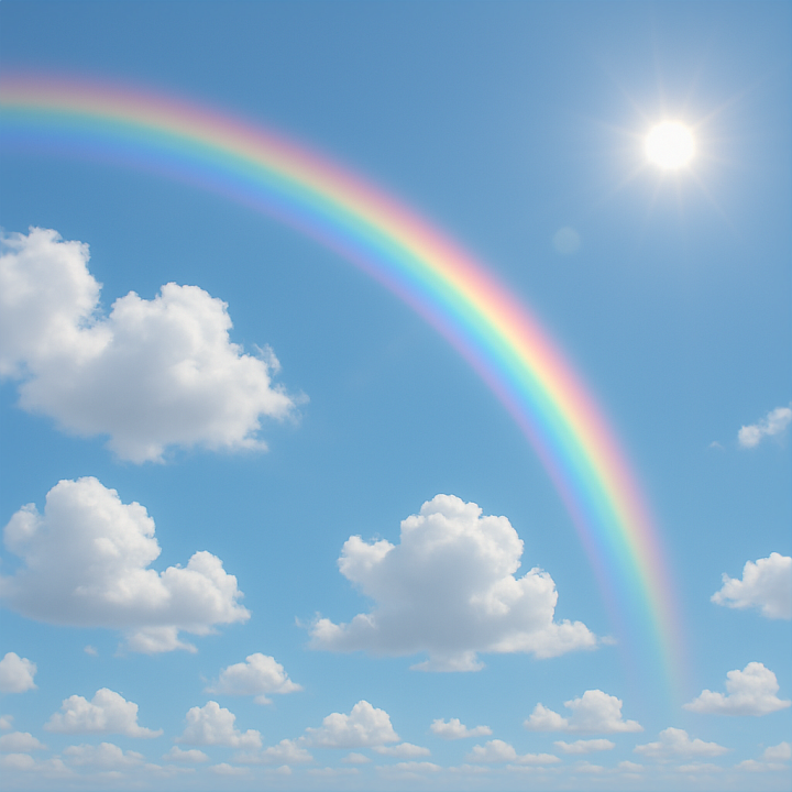 Of Rainbow Sky With Bright Sun Glare And Scattered Cumulus Clo… seamless PBR texture preview