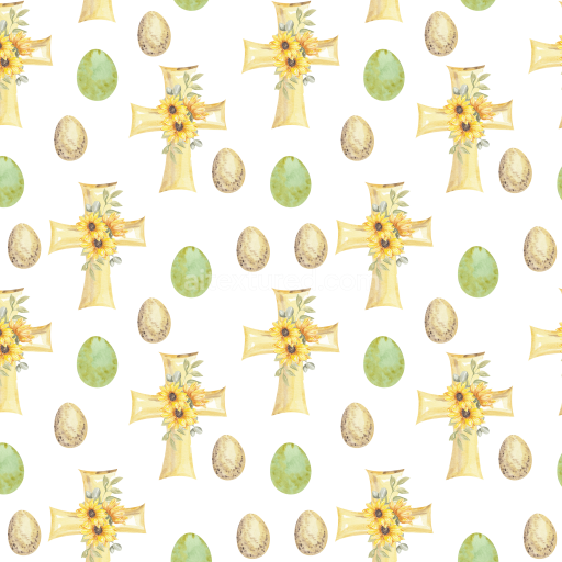 Seamless 3D PBR Texture Featuring Vintage Crosses with Sunflowers and Speckled Easter Eggs