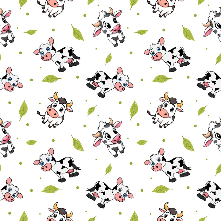 Pattern Featuring Cute Cartoon Cows with Green Leaves seamless PBR texture preview