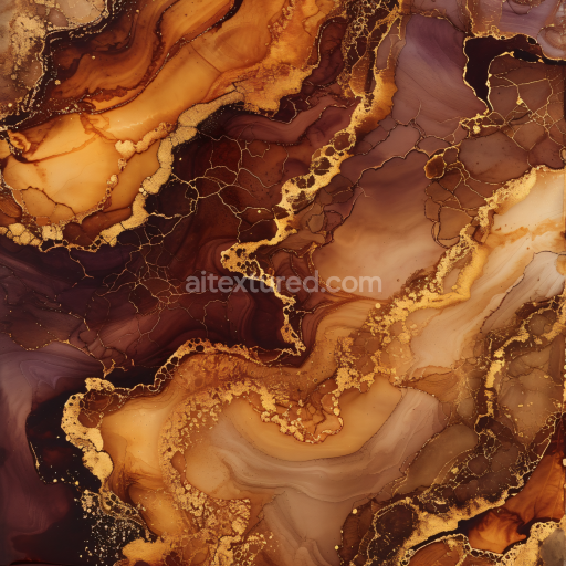 Seamless 3D Alcohol Ink PBR Texture Featuring Rich Golden Brown Marbling and Fluid Ink Flows