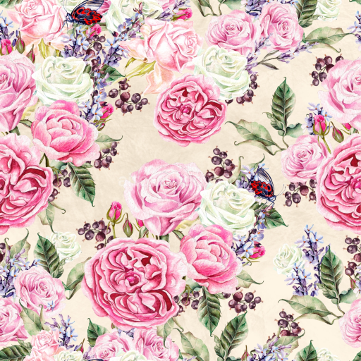 Seamless 3D PBR Texture of Watercolor Roses and Butterfly Floral Pattern