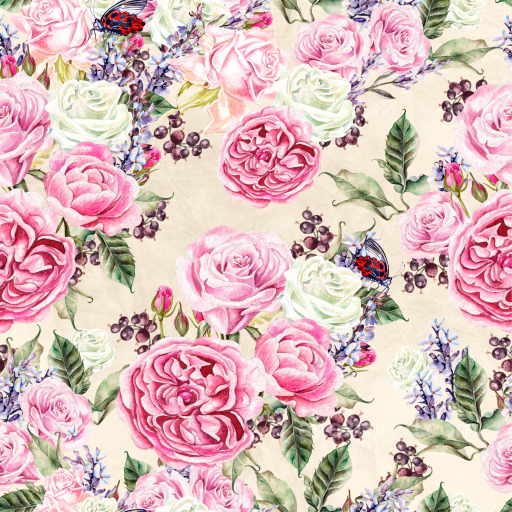 Flower Texture of Watercolor Roses and Butterfly Floral Pattern seamless Flower PBR texture
