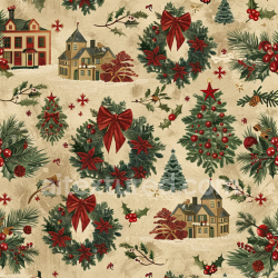 seamless Seamless 3D PBR Vintage Christmas Fabric Texture with Holiday Wreaths, Pine Trees, and Houses texture 8k free download PBR
