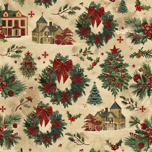 Vintage Christmas Fabric Texture with Holiday Wreaths, Pine Trees, and Houses seamless Christmas vintage PBR texture