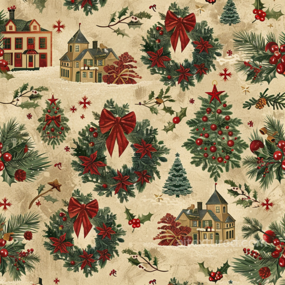 Vintage Christmas Fabric Texture with Holiday Wreaths, Pine Trees, and Houses Christmas vintage texture preview