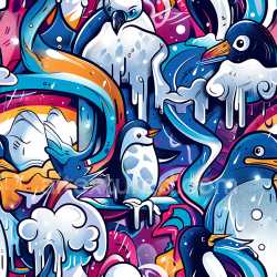 seamless Seamless 3D PBR Texture Featuring Vibrant Penguin Graffiti Art texture 8k free download PBR
