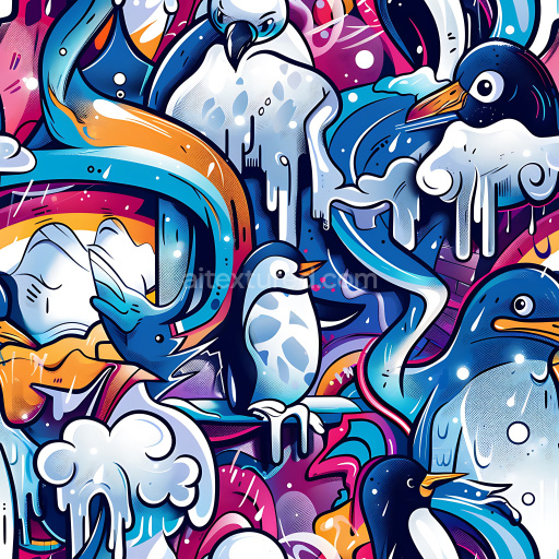 Seamless 3D PBR Texture Featuring Vibrant Penguin Graffiti Art