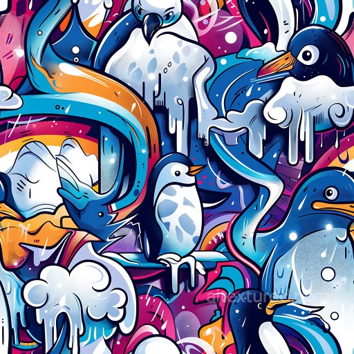 Seamless 3D PBR Texture Featuring Vibrant Penguin Graffiti Art texture preview