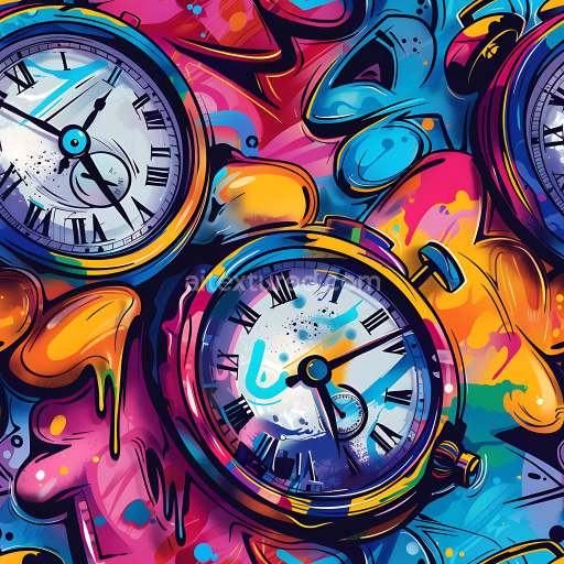Seamless 3D PBR Graffiti Texture Featuring Vibrant Pocket Watches and Abstract Paint Drips