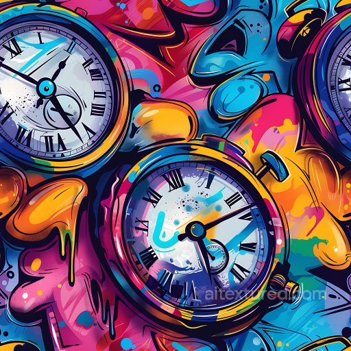Seamless 3D PBR Graffiti Texture Featuring Vibrant Pocket Watches and Abstract Paint Drips texture preview
