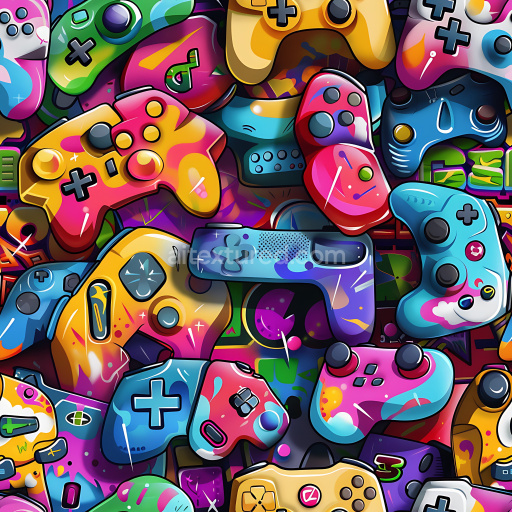 Seamless 3D PBR Texture Featuring Vibrant Graffiti Gaming Controllers