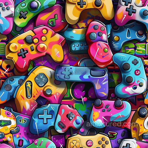 Seamless 3D PBR Texture Featuring Vibrant Graffiti Gaming Controllers texture preview