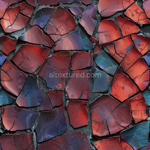 Seamless 3D cracked and broken ceramic tile PBR texture in rich red and blue hues