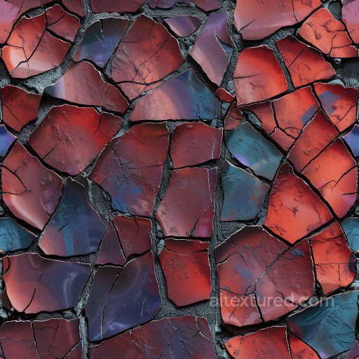 cracked and broken ceramic tile PBR texture in rich red and blue hues seamless Cracked & Holes PBR texture