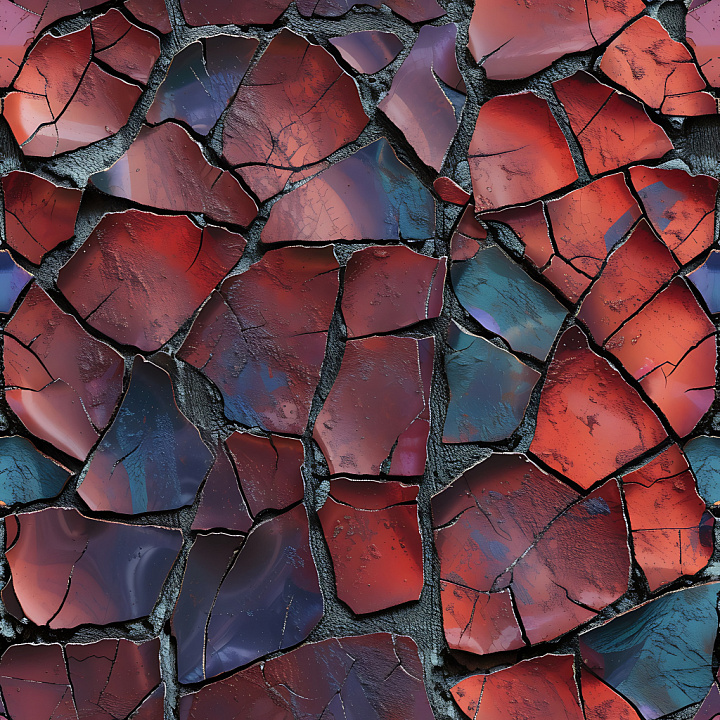 Cracked And Broken Ceramic Tile In Rich Red And Blue Hues seamless PBR texture preview