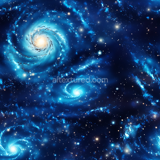 Seamless 3D Space PBR Texture Featuring Bright Spiral Galaxies and Blue Nebula Clouds