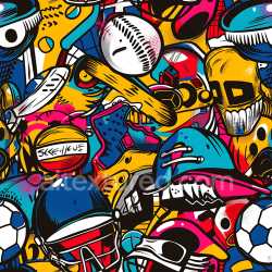 seamless Seamless 3D PBR Texture Featuring Vibrant Sports-Themed Graffiti and Pop Art Elements texture 8k free download PBR
