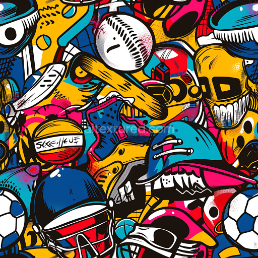 Seamless 3D PBR Texture Featuring Vibrant Sports-Themed Graffiti and Pop Art Elements