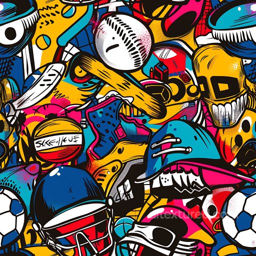 Seamless 3D PBR Texture Featuring Vibrant Sports-Themed Graffiti and Pop Art Elements texture preview